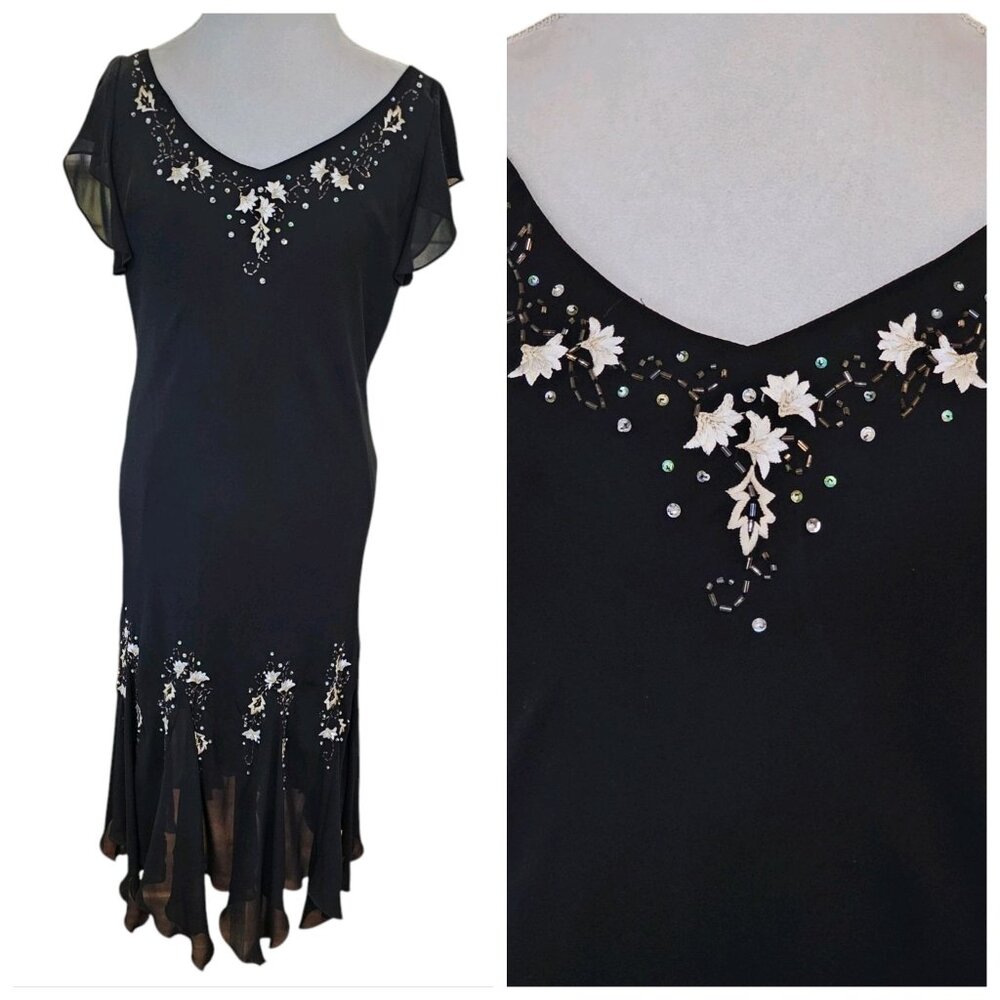 Y2K Black Midi Dress Cocktail Size 14 Assymetrical Whimsigoth Embroidered Beaded